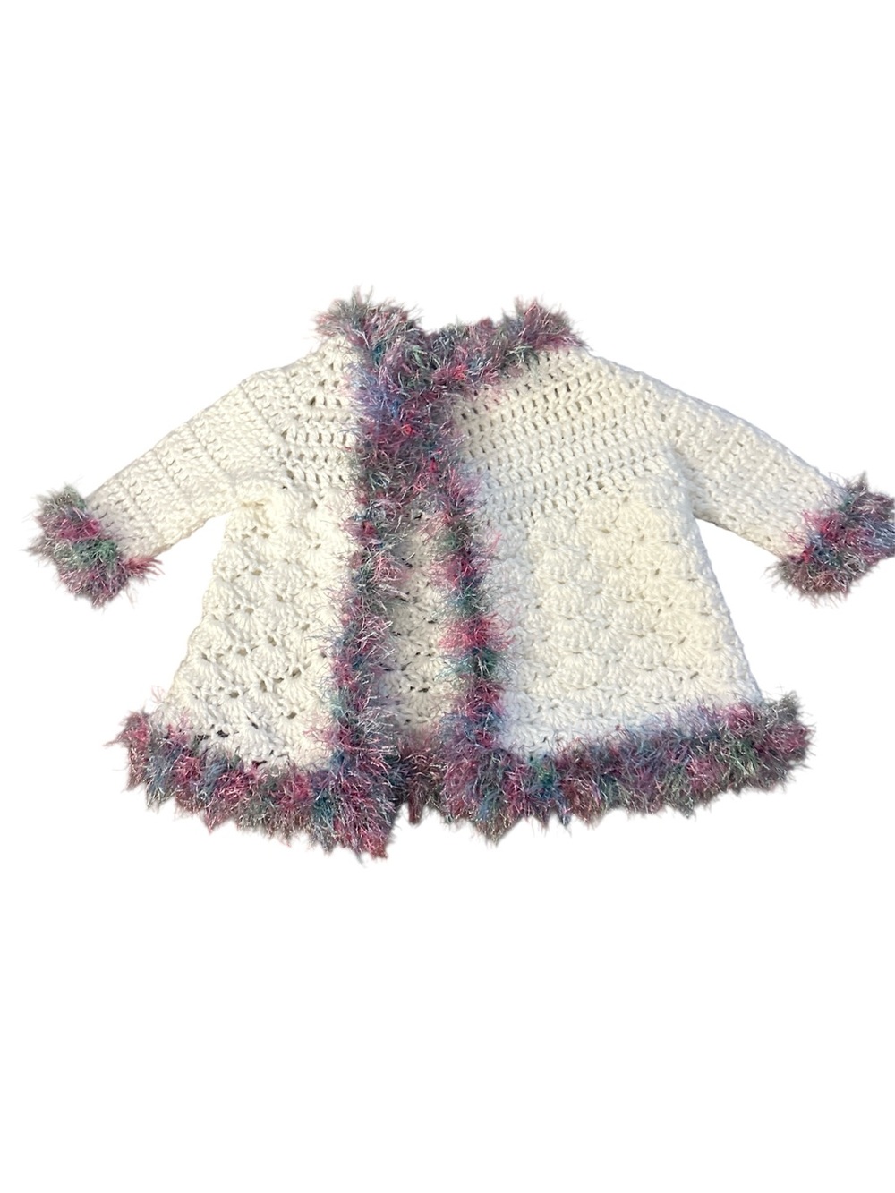 Vintage Handmade Baby Cream Crochet Cardigan with Multicolor Trim